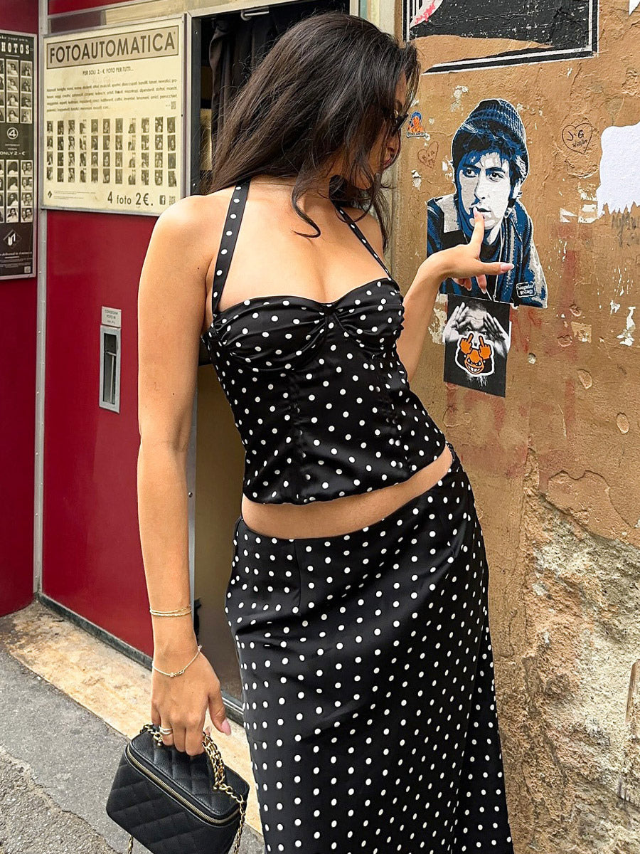 Two Piece Sets Black Chic Polka Dot Office Career Halter Sleeveless Summer ToP Skirt Sets