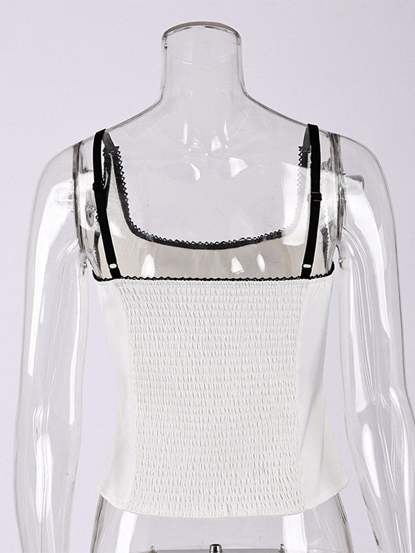 Tanks Black Cami Top Square Neck Pleated Casual Women Summer Camis