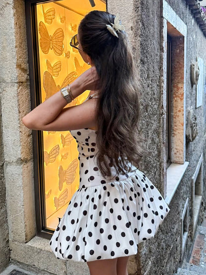 Date Night Dresses Mini Backless Sleeveless Polka Dot Straps Neck Casual White Summer Dress