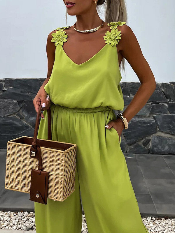 Jumpsuits Olive V-Neck Sleeveless Spaghetti Straps Polyester Straight Summer One Piece Outfit