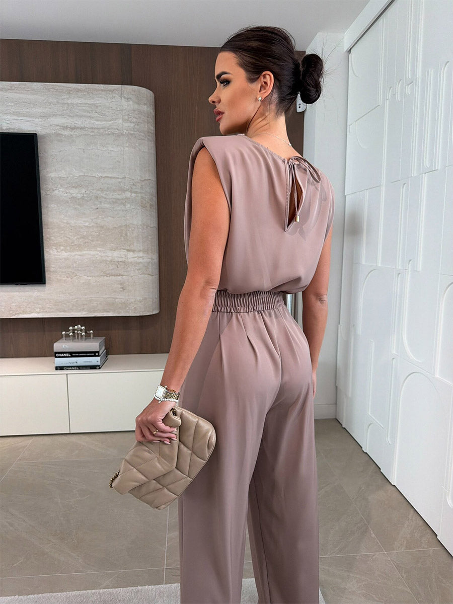 Jumpsuits Khaki Cowl Neck Belted Straight Summer One Piece Outfit