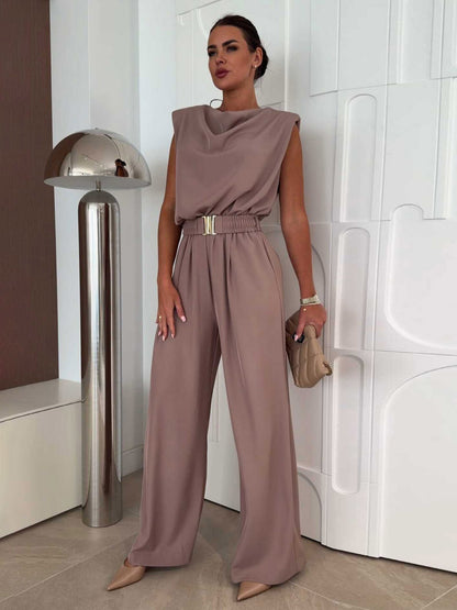 Jumpsuits Khaki Cowl Neck Belted Straight Summer One Piece Outfit