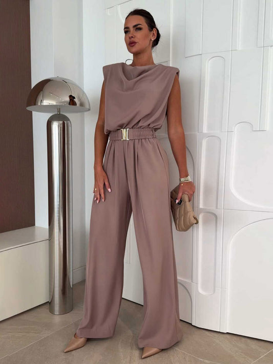 Jumpsuits Khaki Cowl Neck Belted Straight Summer One Piece Outfit