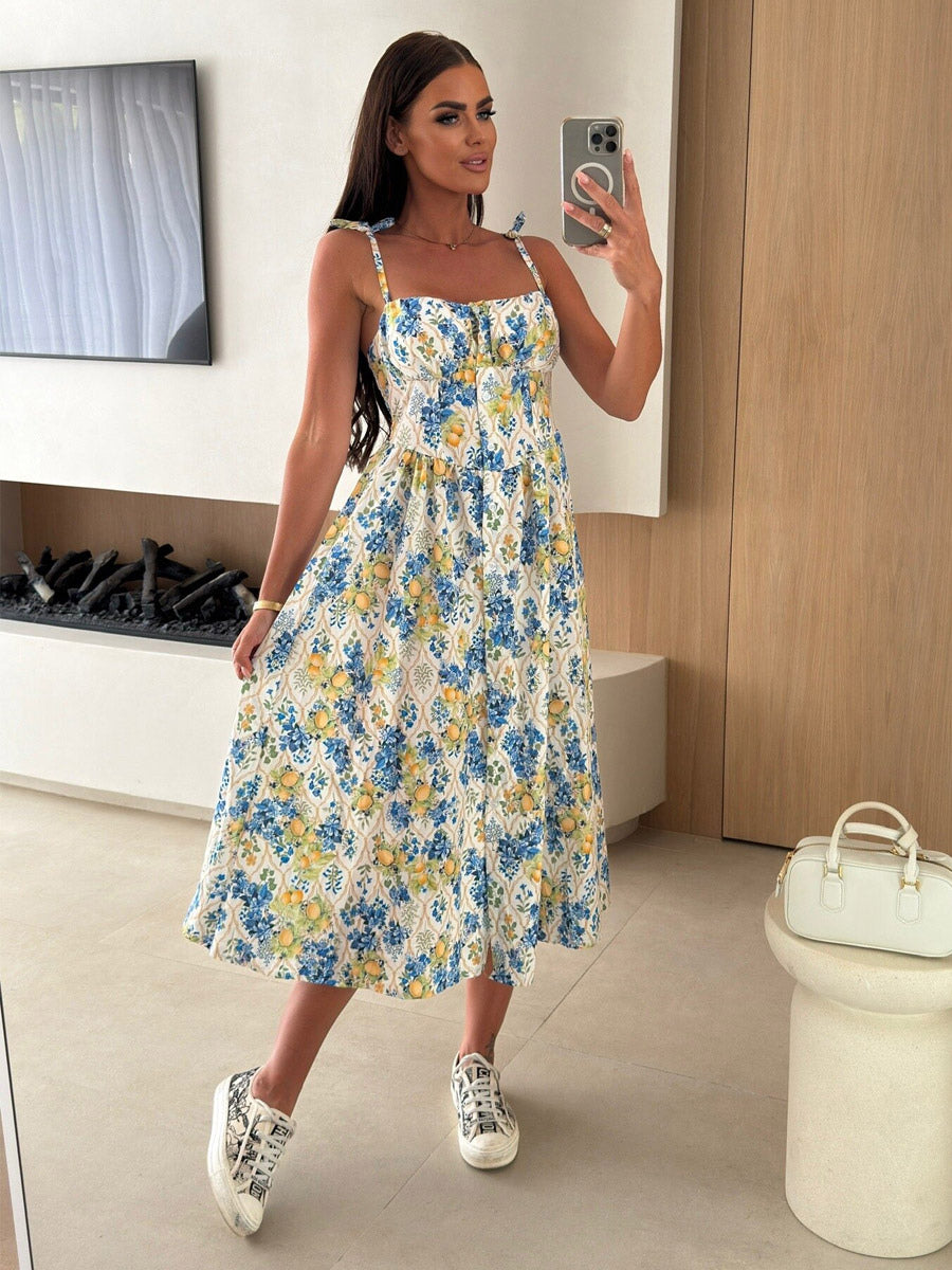 Floral Fruit Pattern Strapless Midi Gown Perfect For Casual Outings