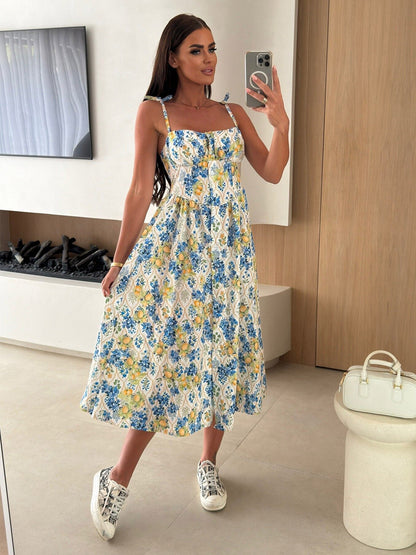 Floral Fruit Pattern Strapless Midi Gown Perfect For Casual Outings
