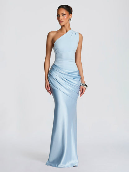 Evening Elegance Asymmetric Satin Maxi Dress In Deep Burgundy Flattering For Every Figure
