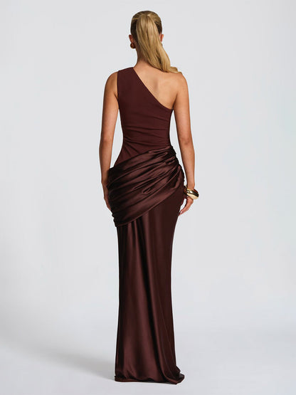 Evening Elegance Asymmetric Satin Maxi Dress In Deep Burgundy Flattering For Every Figure