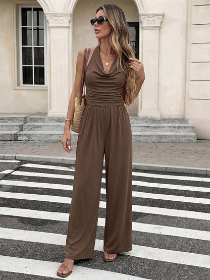 Jumpsuits Brown Sleeveless Backless Halter Straight Summer One Piece Outfit
