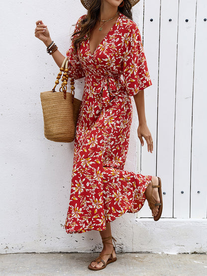 Bohemian Summer Vibes Red Floral Wrap Maxi Dress Lightweight Flirty Great For Beach City Strolls
