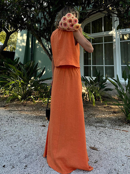 Two Piece Sets Skirt Set Orange Retro Buttons Resort Wear Linen V-Neck Sleeveless Sets