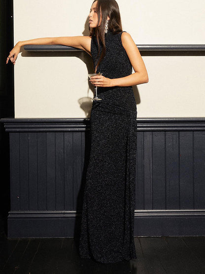 Party Dress Maxi Black Halter Belted Chic Semi Formal Dress