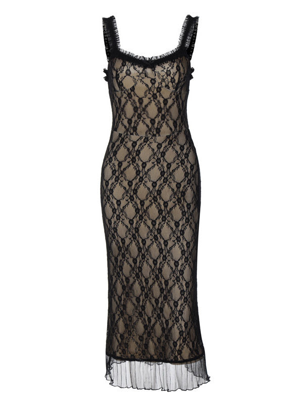 Party Dress Midi Black Straps Neck Lace Floral Print Backless Chic Semi Formal Dress