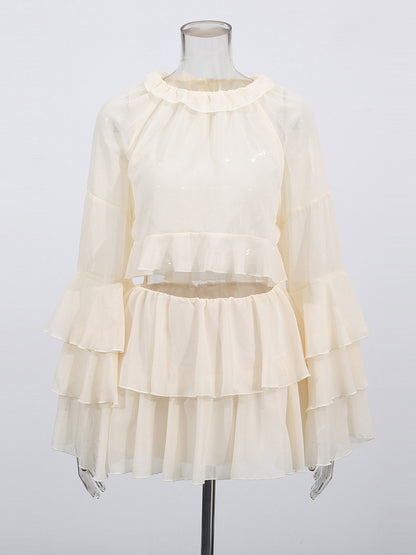 Two Piece Sets Apricot Casual Party Jewel Neck Long Sleeves Top Skirt Set