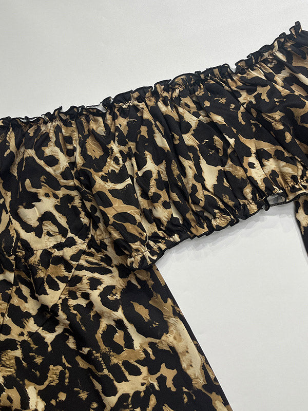 Two Piece Sets Leopard Leopard Print Daily Casual Strapless Long Sleeves Top Pant Set