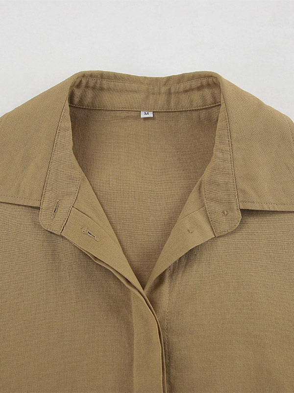 Two Piece Sets Khaki Street Wear Linen Turndown Collar Long Sleeves Pant Set