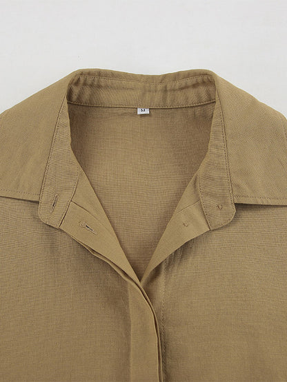 Two Piece Sets Khaki Street Wear Linen Turndown Collar Long Sleeves Pant Set