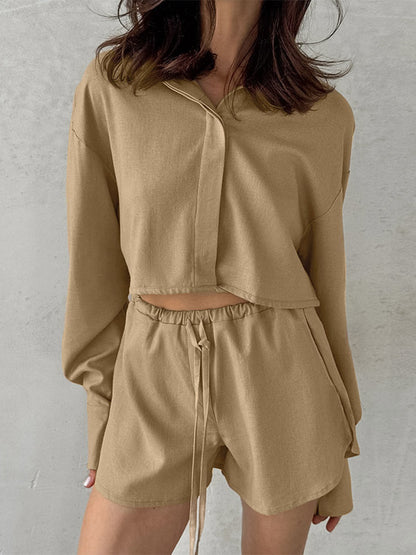 Two Piece Sets Khaki Street Wear Linen Turndown Collar Long Sleeves Pant Set