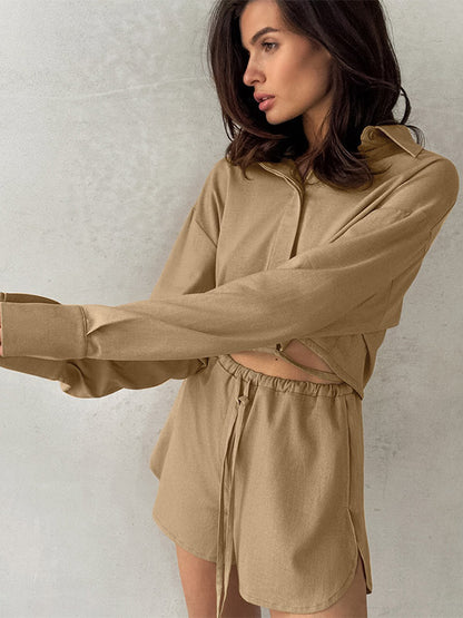 Two Piece Sets Khaki Street Wear Linen Turndown Collar Long Sleeves Pant Set