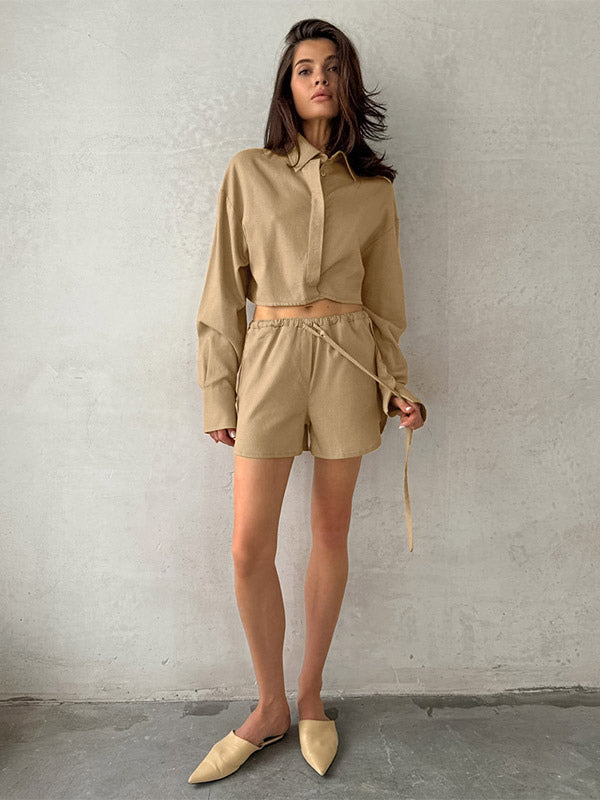 Two Piece Sets Khaki Street Wear Linen Turndown Collar Long Sleeves Pant Set
