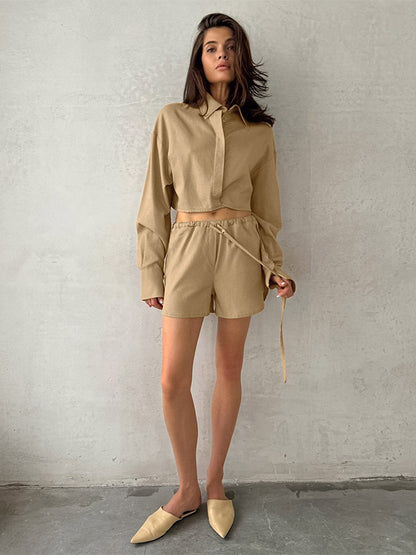 Two Piece Sets Khaki Street Wear Linen Turndown Collar Long Sleeves Pant Set