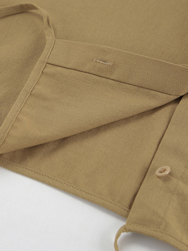 Two Piece Sets Khaki Street Wear Linen Turndown Collar Long Sleeves Pant Set