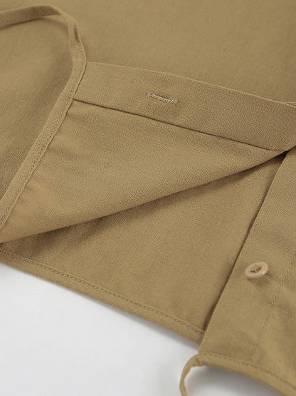 Two Piece Sets Khaki Street Wear Linen Turndown Collar Long Sleeves Pant Set