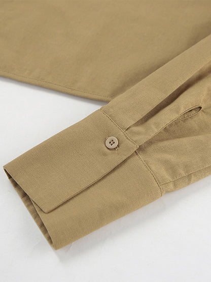 Two Piece Sets Khaki Street Wear Linen Turndown Collar Long Sleeves Pant Set