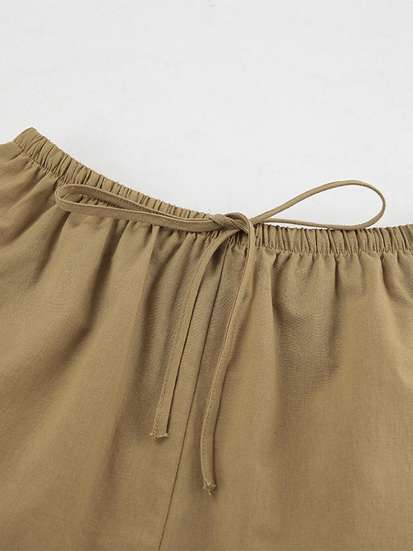 Two Piece Sets Khaki Street Wear Linen Turndown Collar Long Sleeves Pant Set