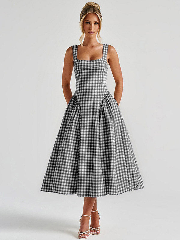 Party Dress Dresses Midi Pink Straps Neck Pleated Plaid Classic Semi Formal Summer Dress