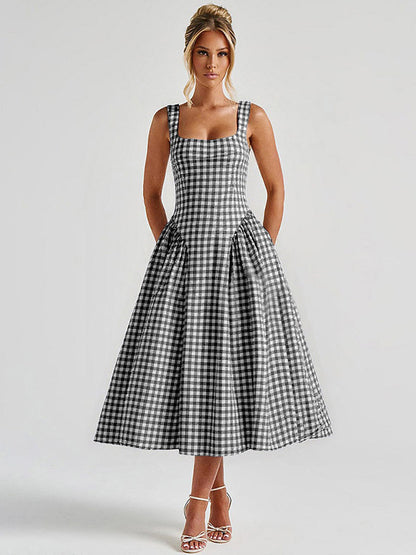 Party Dress Dresses Midi Pink Straps Neck Pleated Plaid Classic Semi Formal Summer Dress