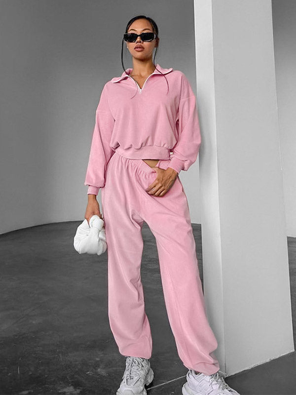 Two Piece Sets Pink Casual Street Wear Turndown Collar Long Sleeves Pant Set