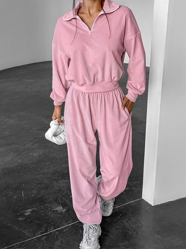 Two Piece Sets Pink Casual Street Wear Turndown Collar Long Sleeves Pant Set