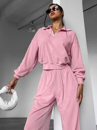 Two Piece Sets Pink Casual Street Wear Turndown Collar Long Sleeves Pant Set