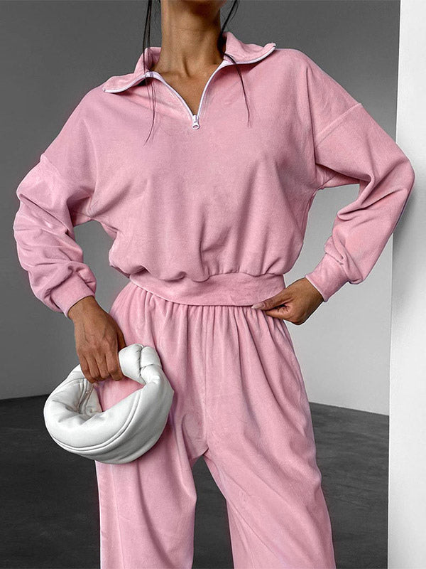 Two Piece Sets Pink Casual Street Wear Turndown Collar Long Sleeves Pant Set