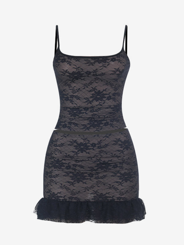 Two Piece Sets Black Lace Chic Straps Backless Neck Short Sleeves Skirt Set