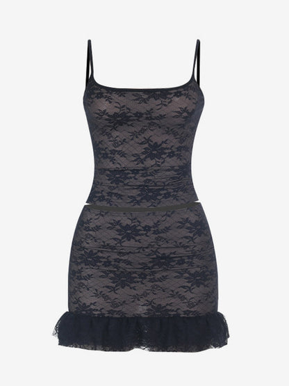 Two Piece Sets Black Lace Chic Straps Backless Neck Short Sleeves Skirt Set