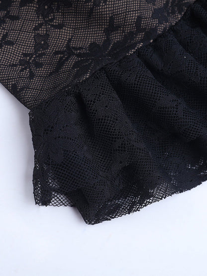 Two Piece Sets Black Lace Chic Straps Backless Neck Short Sleeves Skirt Set