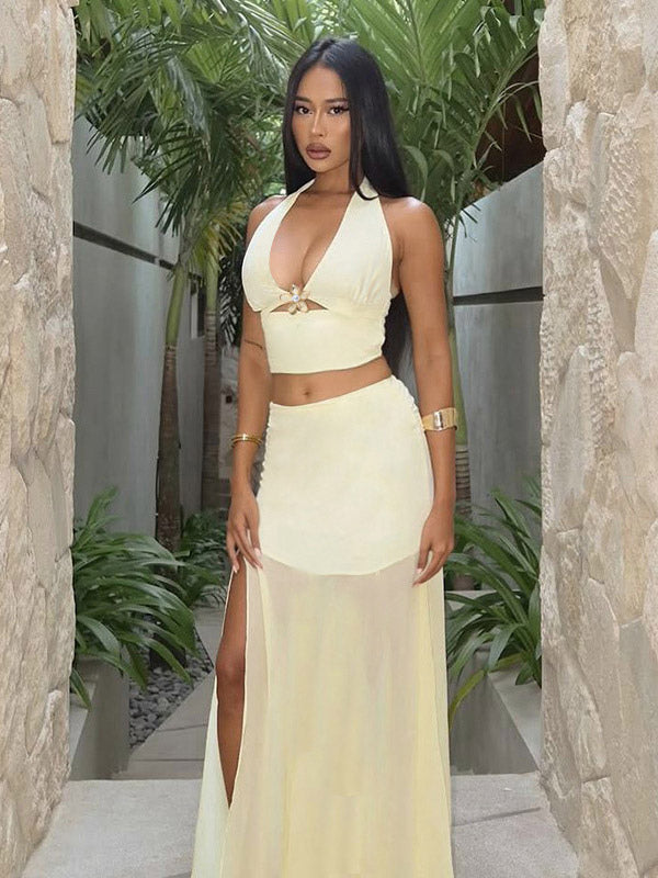 Two Piece Sets Yellow Street Wear Cut Out Casual Halter Sleeveless Skirt Set