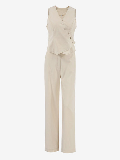 Two Piece Sets Apricot Daily Casual V-Neck Sleeveless Top Pant Set