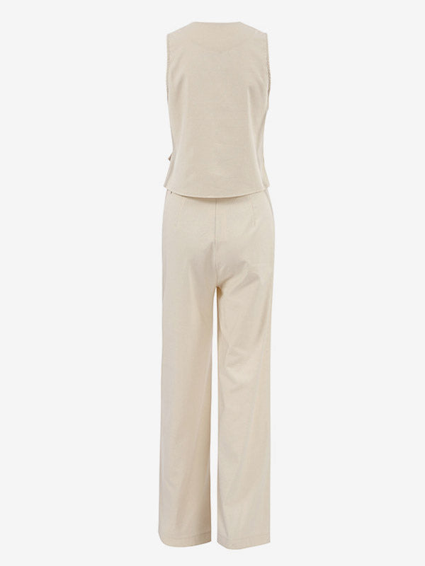 Two Piece Sets Apricot Daily Casual V-Neck Sleeveless Top Pant Set