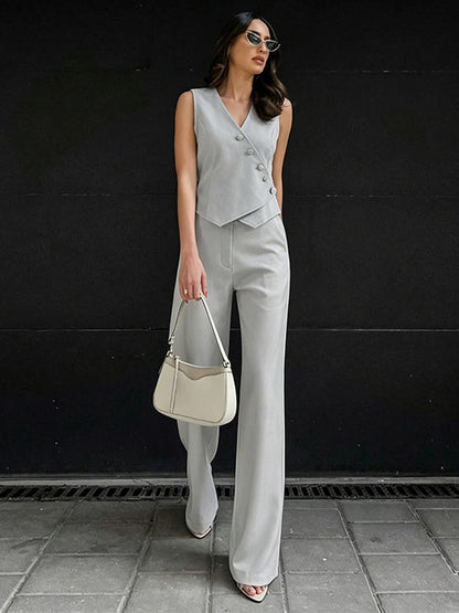 Two Piece Sets Apricot Daily Casual V-Neck Sleeveless Top Pant Set