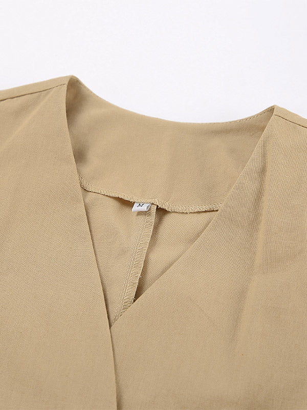 Two Piece Sets Khaki Street Wear V-Neck Sleeveless Top Pant Set