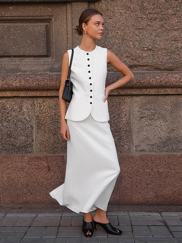 Two Piece Sets White Dating Buttons Chic Jewel Neck Sleeveless Skirt Set