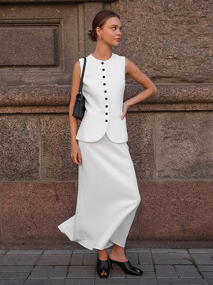 Two Piece Sets White Dating Buttons Chic Jewel Neck Sleeveless Skirt Set