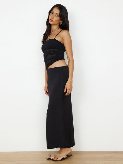 Two Piece Sets Black Street Wear Casual Straps Neck Pleated Sleeveless Top Skirt Set