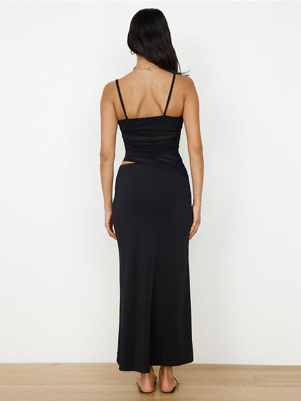 Two Piece Sets Black Street Wear Casual Straps Neck Pleated Sleeveless Top Skirt Set