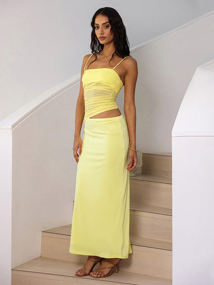 Two Piece Sets Black Street Wear Casual Straps Neck Pleated Sleeveless Top Skirt Set