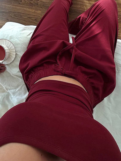 Two Piece Sets Burgundy Daily Casual Straps Neck Sleeveless Casual Pant Set