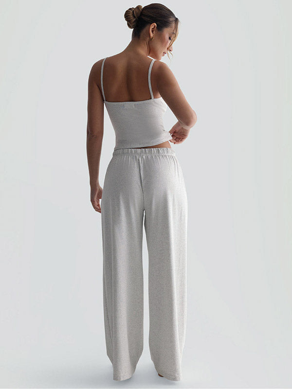 Two Piece Sets Burgundy Daily Casual Straps Neck Sleeveless Casual Pant Set