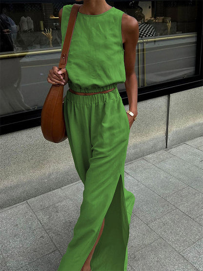 Two Piece Sets Khaki Street Wear Cotton Jewel Neck Sleeveless Chic Pant Set
